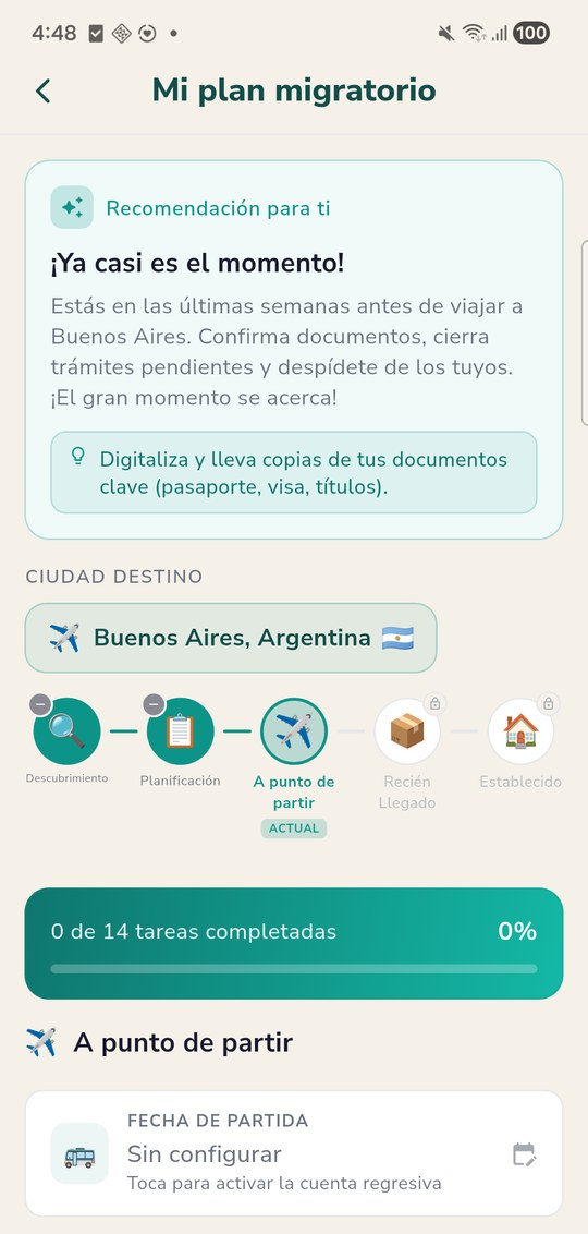 Pantalla «Mi plan migratorio»: recomendación de la etapa, la ciudad destino, las cinco etapas con la actual marcada y el avance de tareas completadas.